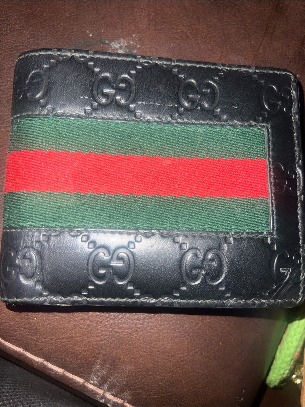 Gucci Black Leather Money Clip with Green and Red Web Stripe